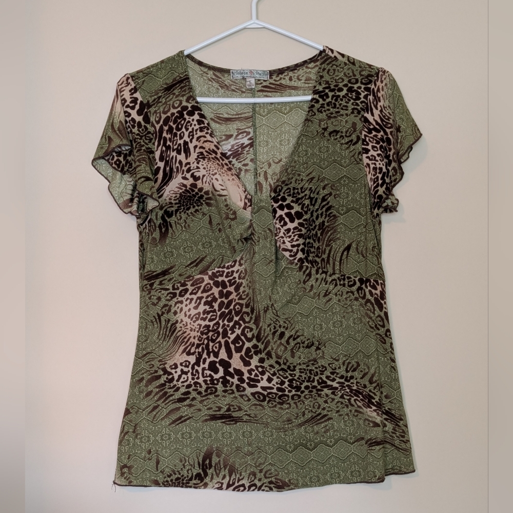 Chic Olive Leopard Print V-Neck Blouse By Vintage Suzie, Size Large